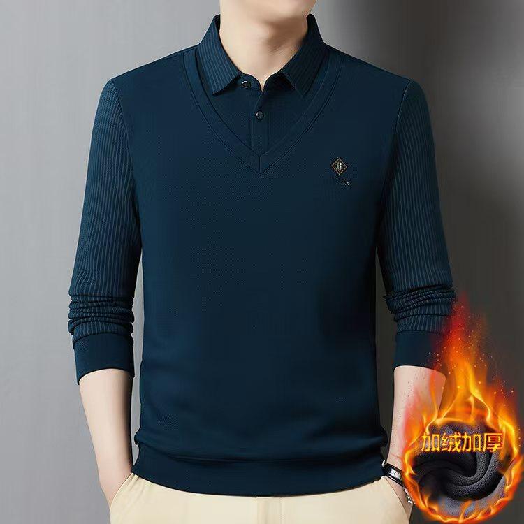 Herbst Winter Herren Polo Kragen Pullover Gestreiftes Fleece Dick Slim Fit Oberteile Fake Zweiteiler Strickwaren Business Casual Pullover