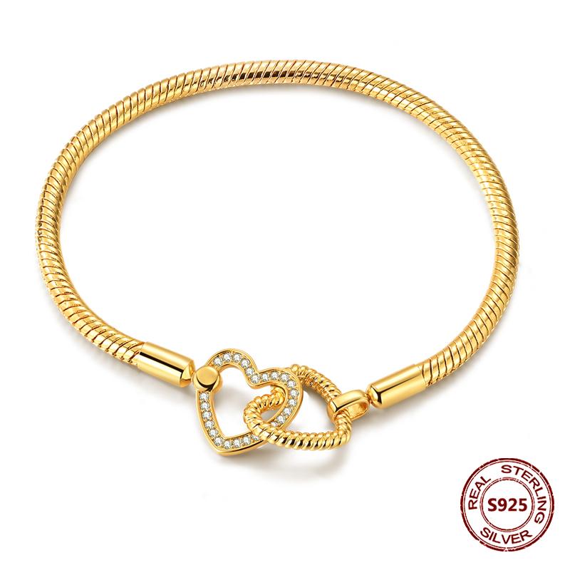 Pink Love Heart Silver 925 Bracelet Original Bracelets Zircon Cat Paw Snake Chain For DIY Charms 17-20CM Wedding Jewelry Gifts