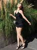 Women's Slim-Fit Black Halter One-Piece Swimsuit with Skirt - Hot Girl Style for Vacations & Hot Springs