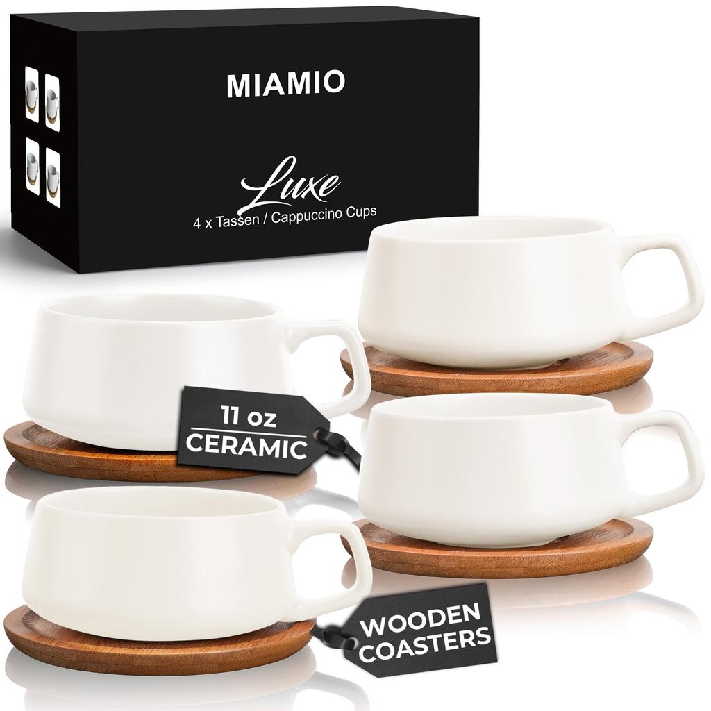 MIAMIO - Coffee Cup & Saucer Set (320ml X 4) - Elegant and Modern Stoneware Coffee Mugs, Set of 4, Luxe Collection (White)