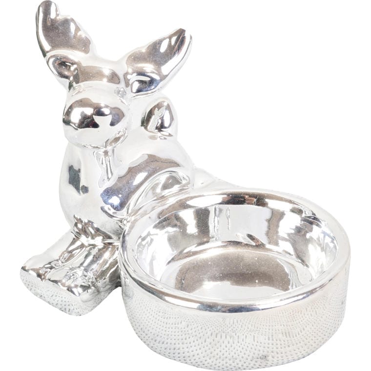 Silver Ceramic Tealight Candle Holder with Reindeer, Dimensions 7.5x8.5 Cm