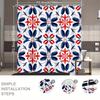 Mexican Folk Art Shower Curtain Red Blue Symmetrical Flowers On White Traditional Tile-Inspired Pattern For Boho Bathroom Decor