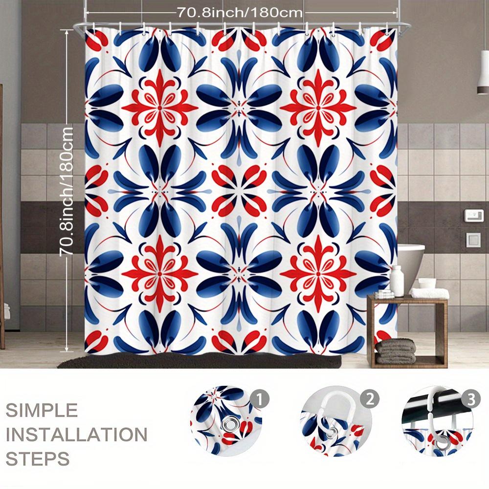 Mexican Folk Art Shower Curtain Red Blue Symmetrical Flowers On White Traditional Tile-Inspired Pattern For Boho Bathroom Decor