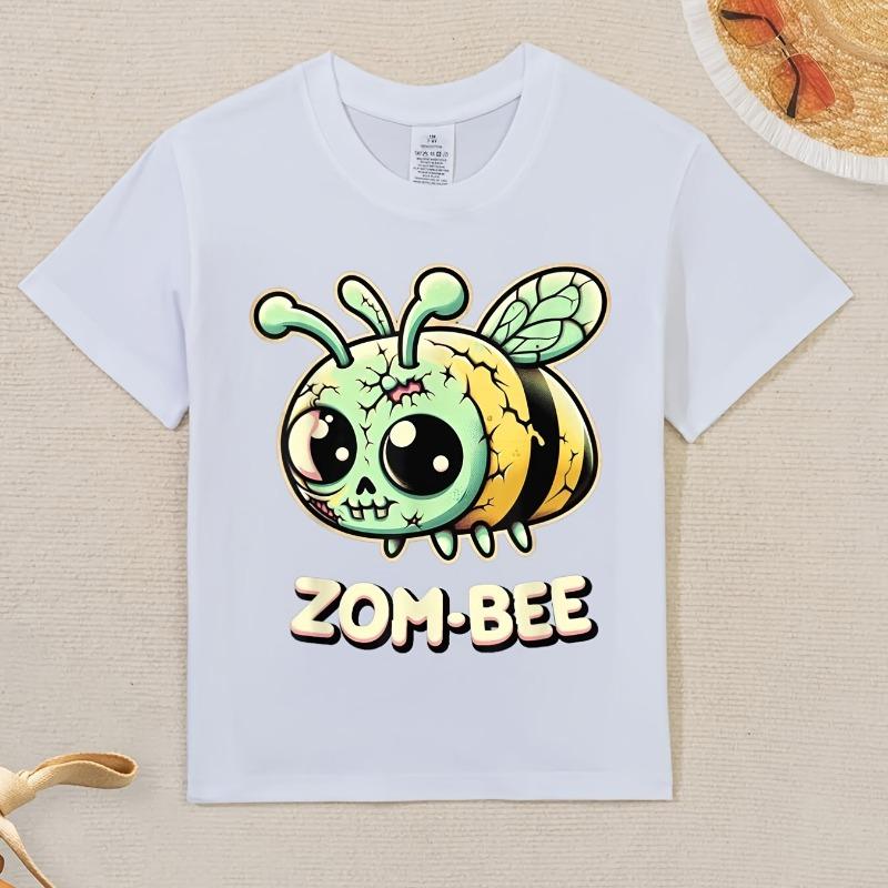 Children Crew Neck Short Sleeve T-Shirt with Cartoon Zombie Bee Print