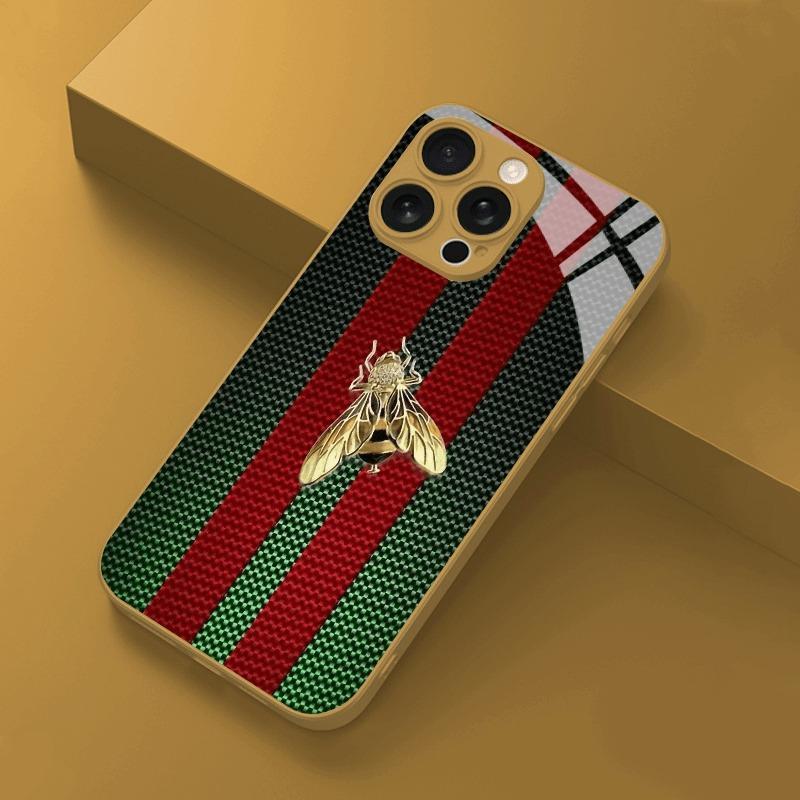 Red Green Striped Golden Bee Gold Metallic Paint Glass Phone Case For iPhone 17 Pro Max 11 12 13 14 15 16 Plus 17Air 16E Cover