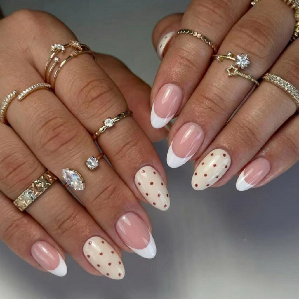 24 Pcs White French Tip Polka Dot Pink Almond False Nails Simple Sweet Acrylic Wearable Manicure Press On Nails For Women