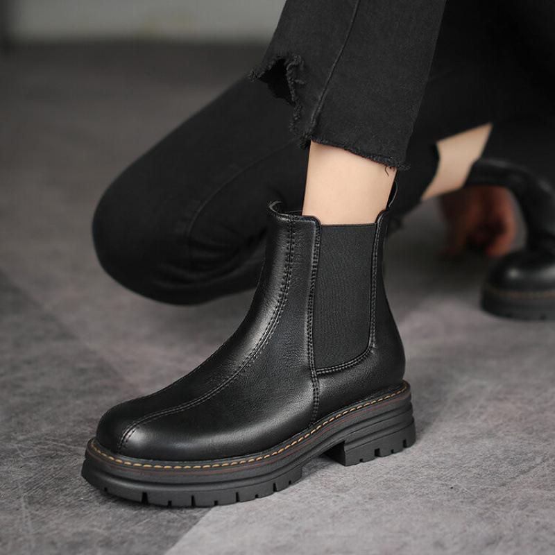 Korean Version of Round Head Sleeve Knight Boots Thick-soled Non-slip Large-size Women's Boots Autumn and Winter Medium Boots Women's Solid Color Med