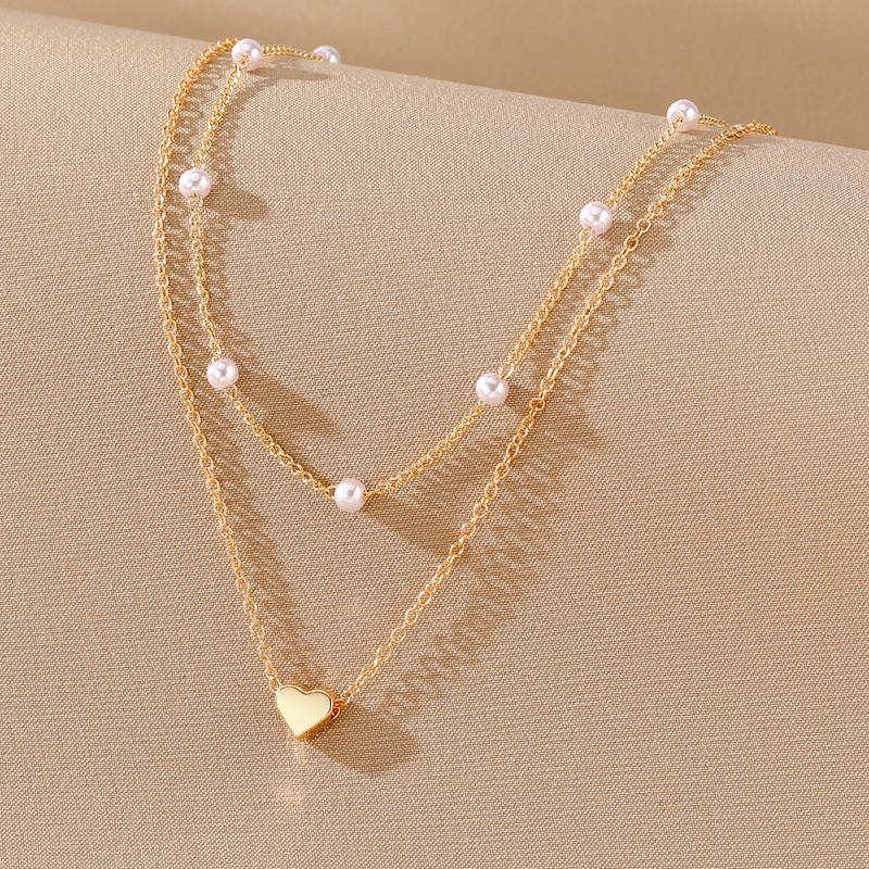 Vintage Pearl Choker Necklaces For Women Fashion Double Layer Chain Small Love Heart Pendant Necklace Jewelry Gift