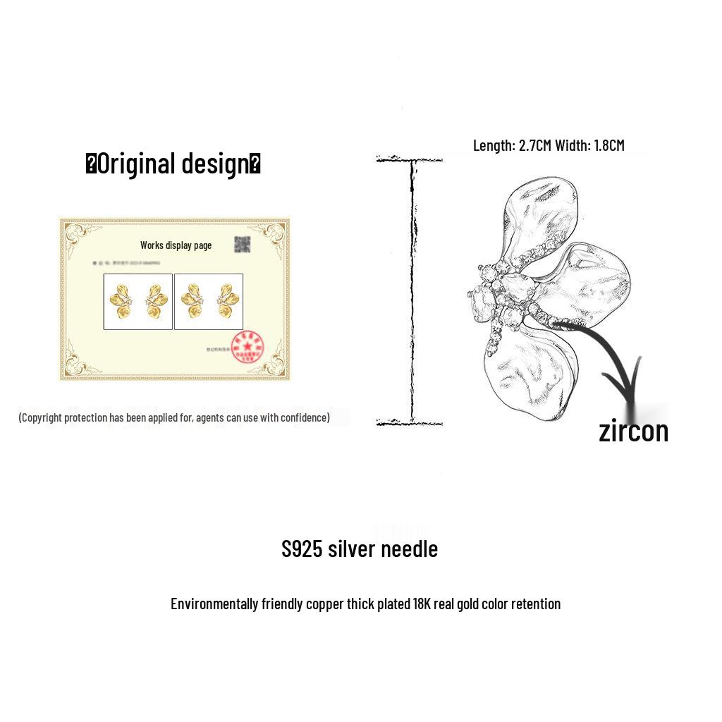 18K Gold Mattierte Blume Zirkonia Ohrringe - Französischer Retro Eleganter Stil