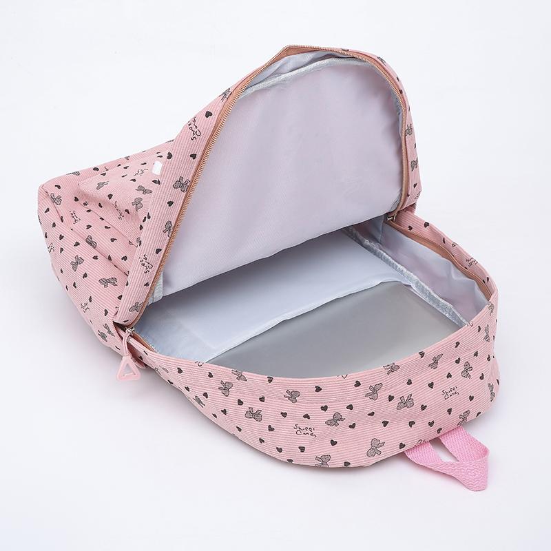 Three-Piece Backpack Set Bow Printed Corduroy Large Capacity Handbag Multi-Functional Backpack with Lunch Bag Pen Bag