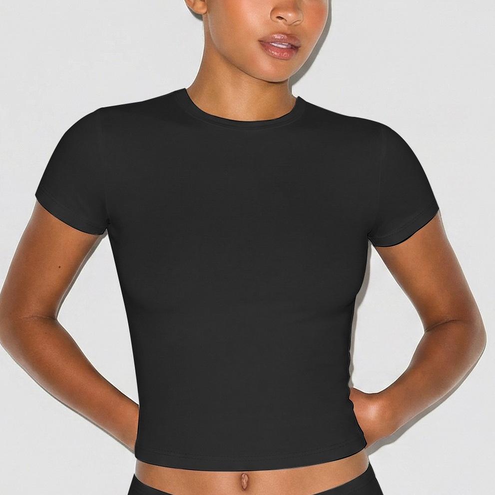 Cross-border new sports and leisure short-sleeved suit, European and American Spice Girls slim-fit elastic tight round neck front shoulder T-shirt top