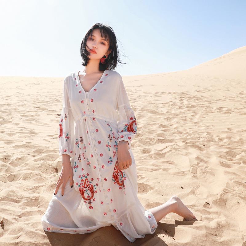 2025 Kwiecista Vintage Haftowana Sukienka Letnia Plażowa z Frędzlami dla Kobiet