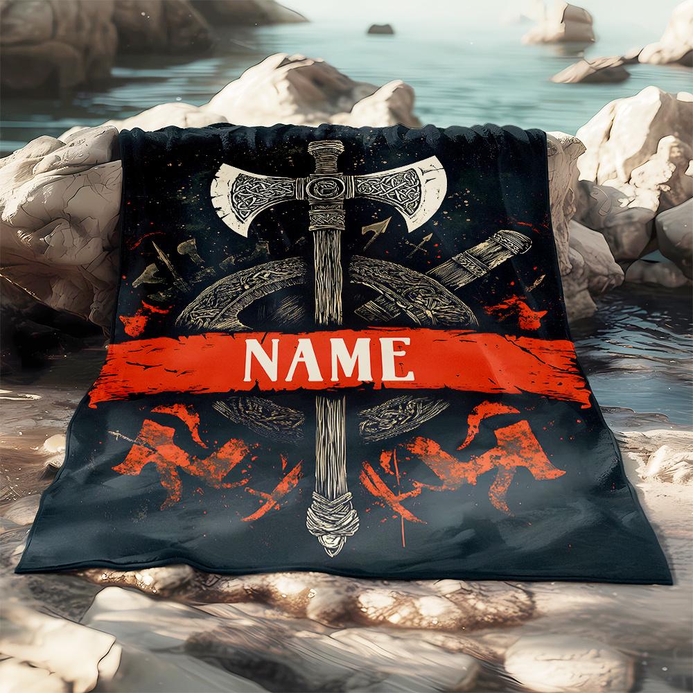 Custom Viking Axe Fleece Blanket Personalized Name Warrior Print Throw Soft Warm All Season Bedding Gift For History Fans