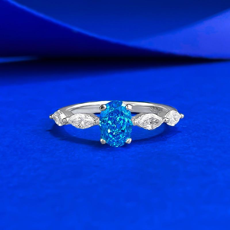 Xiancan S925 Silver Aquamarine Oval Ice Cut Ring with Marquise High Carbon Diamond Size 6