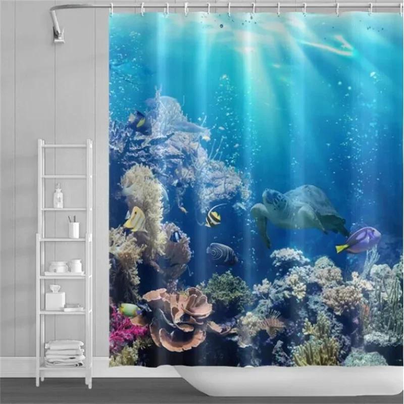 Underwater World Bathroom Shower Curtain Sea Turtle Dolphin Ocean Creature Landscape Bath Curtains Children Cloth Bathroom Decor