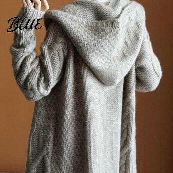 Women Fall Winter Midi Sweater Cardigan Coat Knitted Thick Hooded Long Sleeve Mid-calf Length Loose Cardiagn Open Stitch Solid Color Soft Oversized