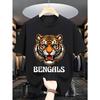 European Sizes Mend BENGALS Print & Roaring Tiger Face Design,  with Orange & Stripes, Casual Round Neck Short Sleeve Tee for Men