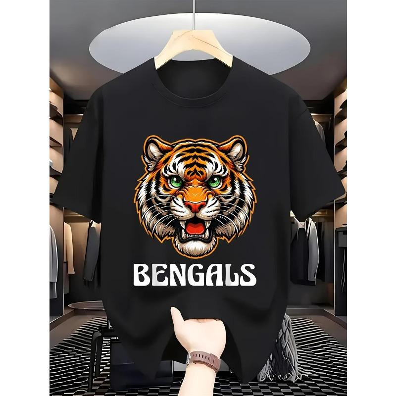 European Sizes Mend BENGALS Print & Roaring Tiger Face Design, with Orange & Stripes, Casual Round Neck Short Sleeve Tee for Men