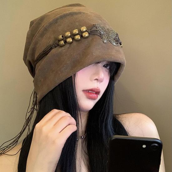 Women's Knitted Hat Winter Soft Warm Skull Cap with Tassel Ladies Stretch Slouchy Hat with Beads And Butterfly Decor