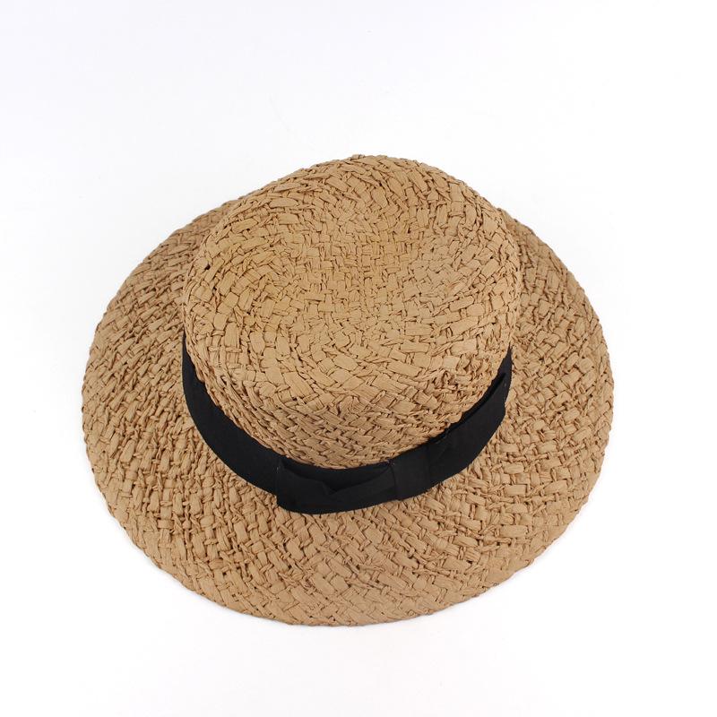 New spring and summer women's hand-woven straw hat simple casual hat British fashion top hat flat top sun hat