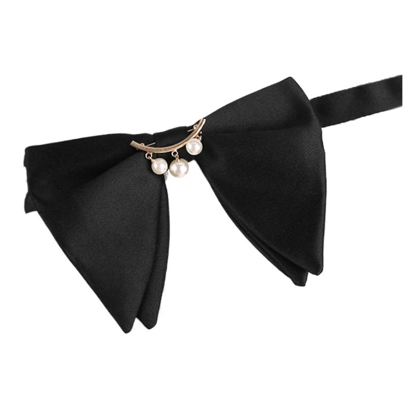 Mens Elegant Black Oversized Bowtie with Pearls Chain Adjustable Pre Tied Horn Bows Tie Tuxedo Necktie for Wedding Party
