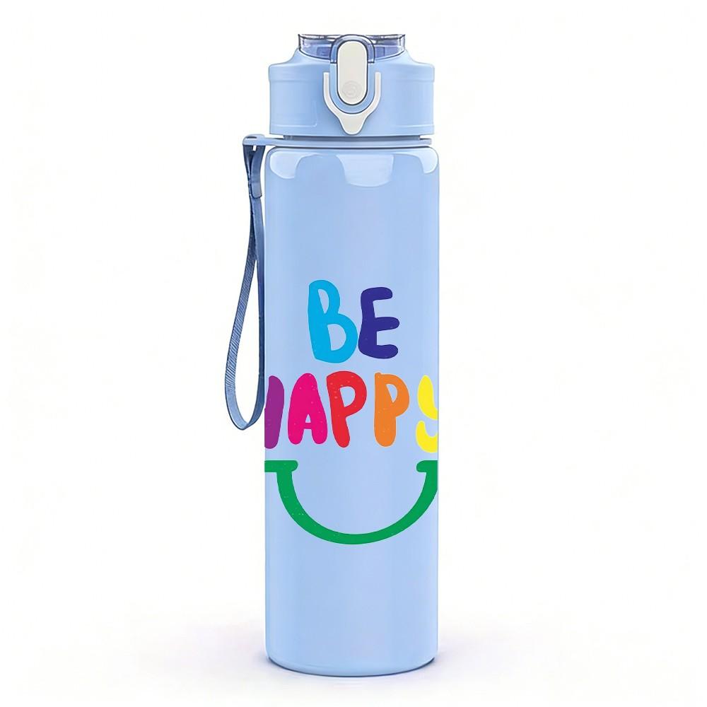 1PC Be Happy Rainbow Bright Slogan Lettering 750ml Color Plastic Sports Water Bottle Leakproof Flip Straw Lid Suitable for Sports Office Home Use