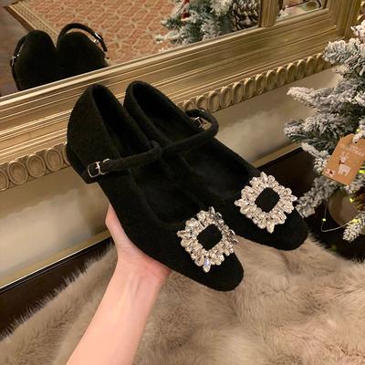 Drill Buckle Small Square Toe Fleece Lining One Strap Warm Tweed Chunky Heel Mary Jane Single Shoes