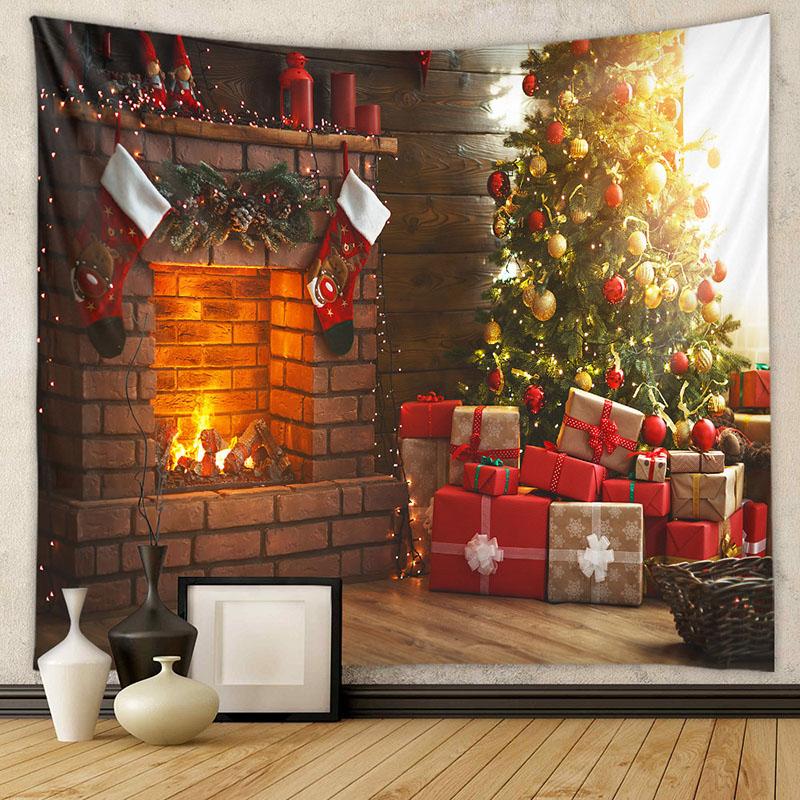 American Christmas Tapestry for Living Room Xmas Tree Fireplace Printed Wall Hanging Cloth Soft Square Holiday Home Decoration
