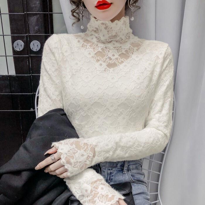 Modisches hochgeschlossenes Spitzen-Camisole in Übergröße für Damen im Frühling und Herbst, süßes, einfarbiges Tanktop