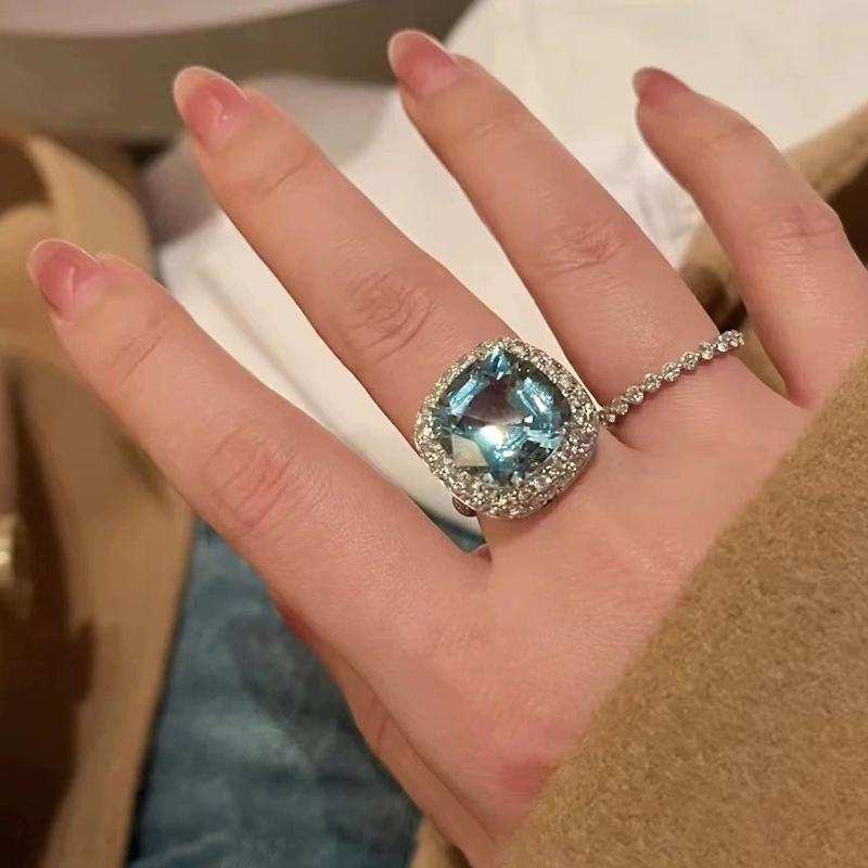 Fashion Wedding Band Bridal Ring Luxury Blue Zirconia Crystal Stone  Sterling Silver  for Women Engagement