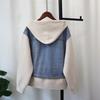 Hooded zipper splicing denim knitted double-sided cardigan autumn and winter new loose casual sweater jacket women