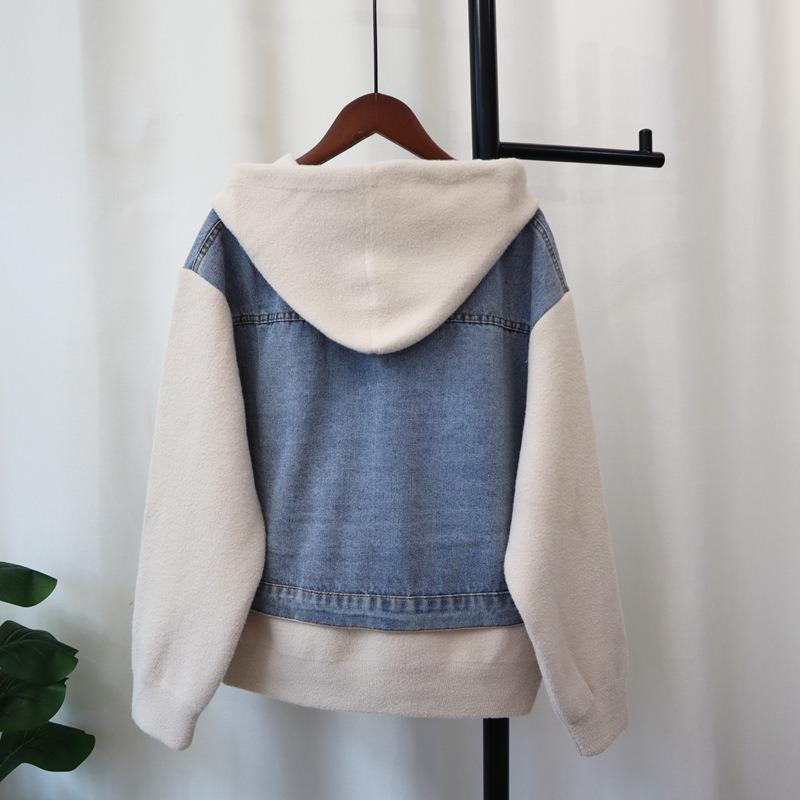 Hooded zipper splicing denim knitted double-sided cardigan autumn and winter new loose casual sweater jacket women