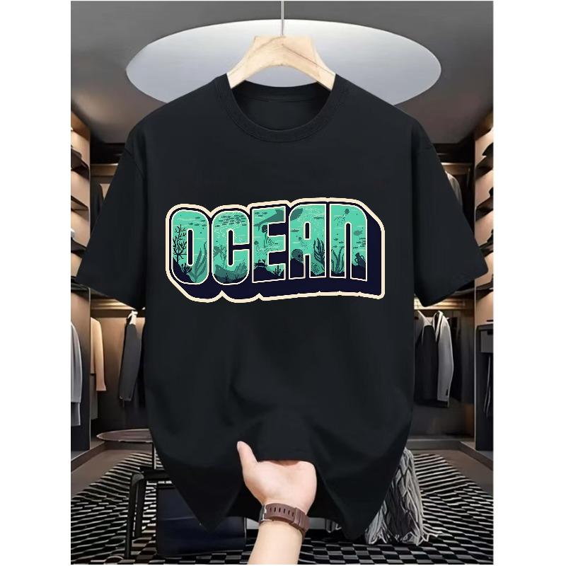 Ocean Men's Casual Digital Print T-Shirt, Round Neck, Short Sleeve, Street Hip-Hop Style, Summer European and American Fashion Trend, Sporty Look