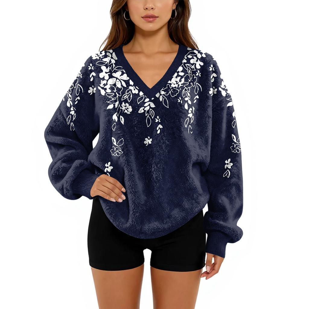 Women's V-Neck Sweatshirt Plush Solid Color Casual Fashion Long Sleeve With Pocketed Pullover Top
