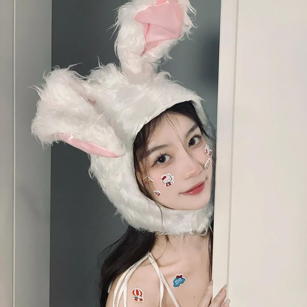 GOODCHI Rabbit Headgear, Animal Hat, Long-Haired Cap, Halloween Cosplay, Costume Accessory, Headband (White)