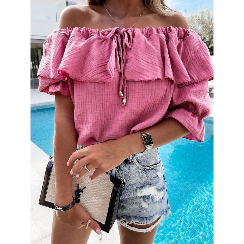 

off-Shoulder Sexy Shirt Short-Sleeve Collar Solid Color Fashion Rose Red L
