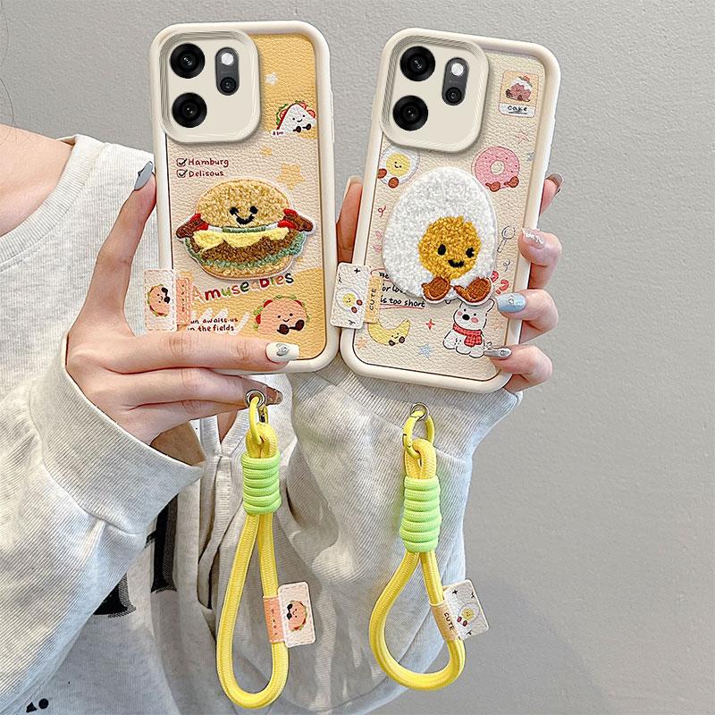 KEYSION Cartoon Cute Plush Embroidery Case for OPPO Reno14 F 5G with Lanyard Silicone Shockproof Phone Cover for OPPO Reno 14F 5G