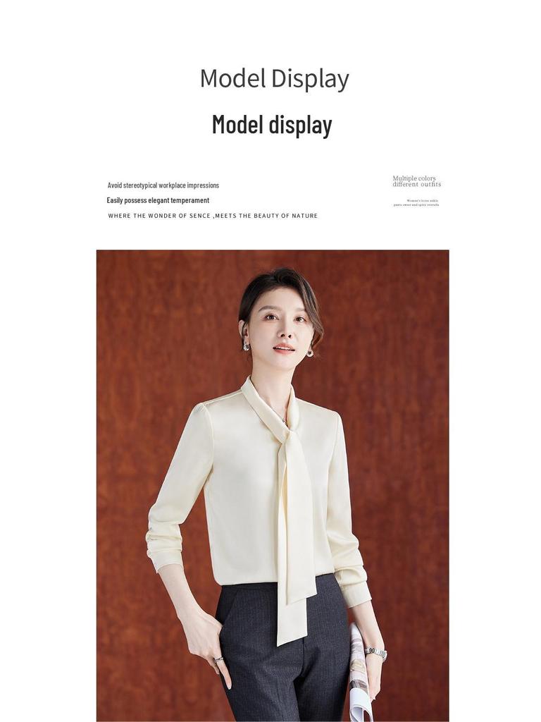 Women's Drapey V-Neck Ribbon Long Sleeve White Shirt - Professional Spring/Autumn Workwear Top