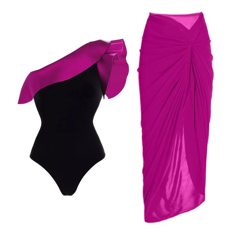 

Women s Retro One-Shoulder Ruffle Color Block Swimsuit Set Extra Large