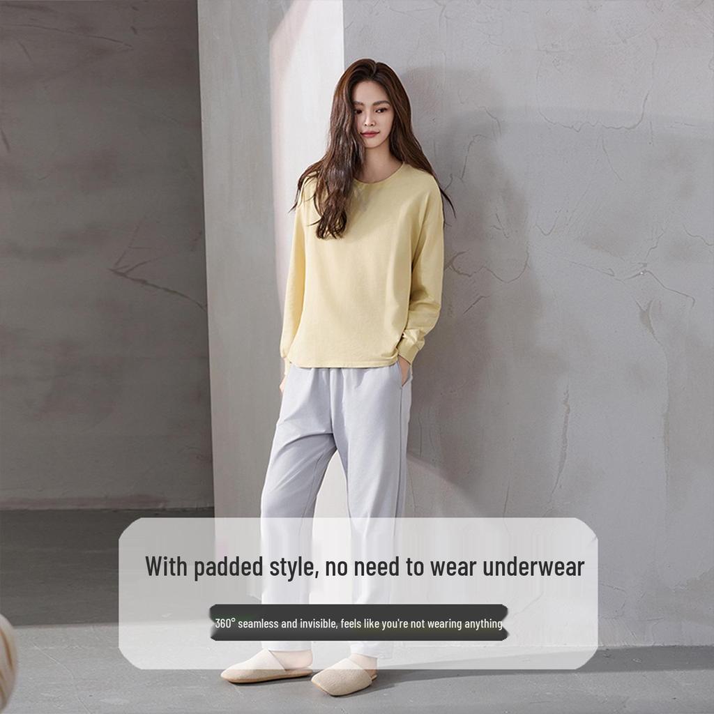 Women's Pure Cotton Pajamas with Chest Pad - Long Sleeve, Plus Size, for Autumn/Winter. Wearable Outdoors, Loose Fit Homewear.