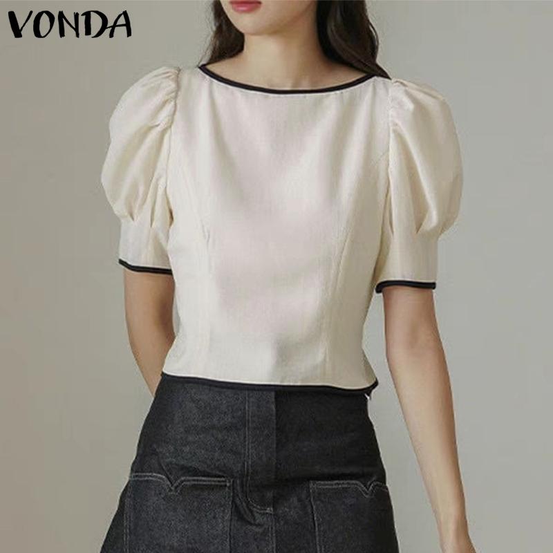 

VONDA Puff с короткими рукавами Женские повседневные свободные топы на шнуровке