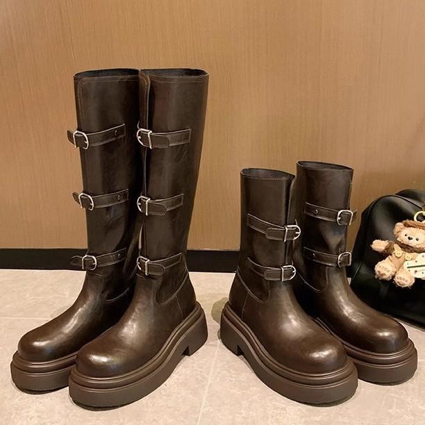 

[Two versions] Grape mother autumn and winter new fashionable belt buckle round head thick sole versatile short boots knight boots 35