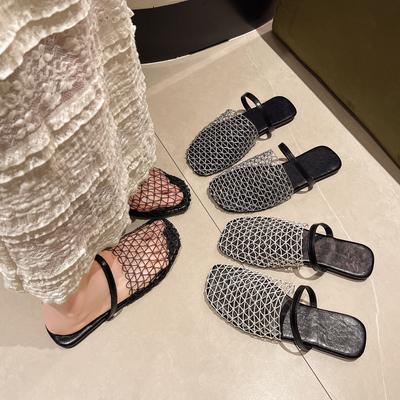 Summer Fisherman Flat Bottom Round Head Baotou Half Slippers Niche Fishnet Weaving Hollow Out Roman Sandals Women