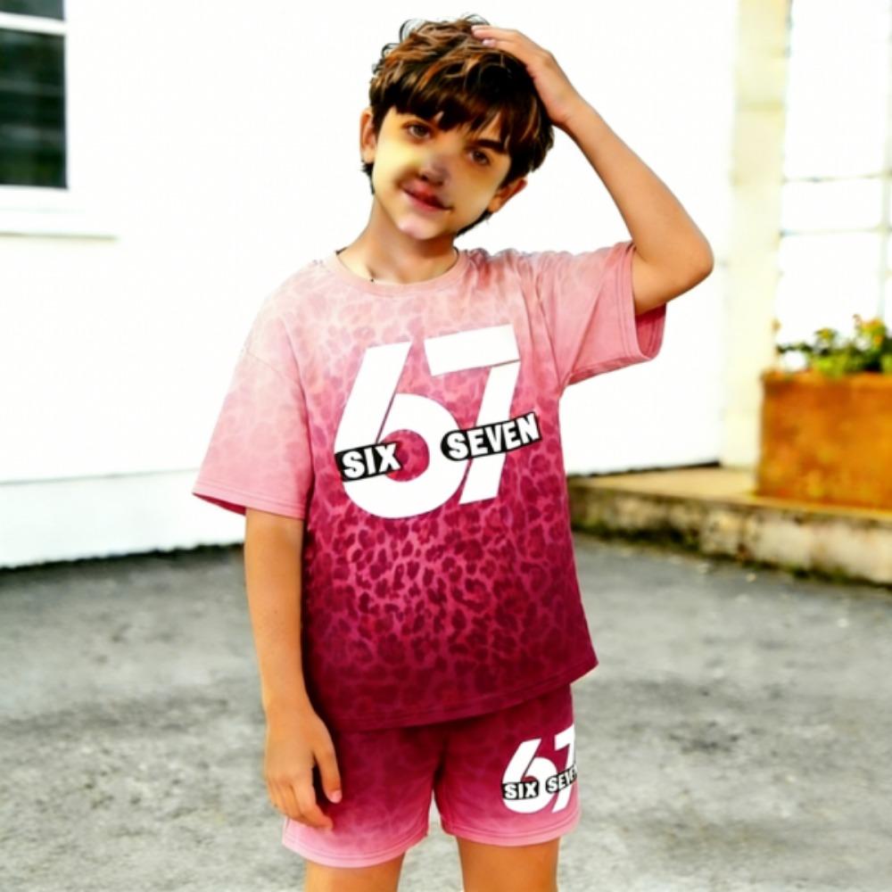 Leopard Gradient 67 Printed Kids T-shirt and Shorts 2 Piece Set Summer Casual Outfit for Boy's and Girl's Kids Clothing Top