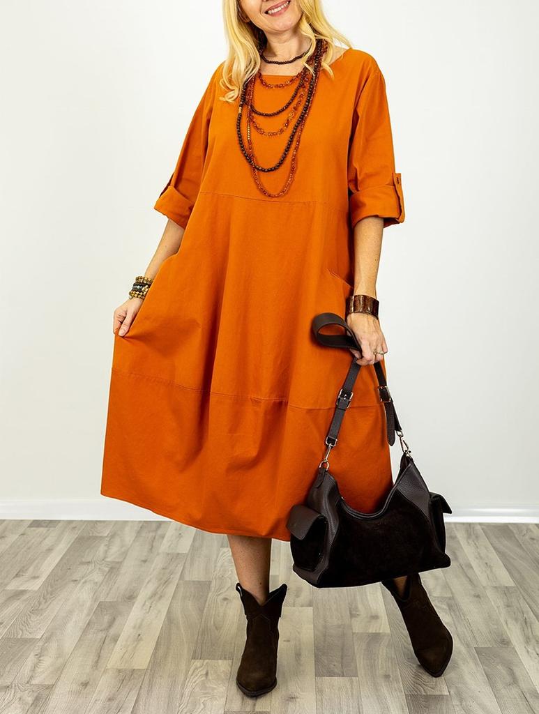 European and American cross-border plus-size women's 2026 summer new loose crew neck patchwork five-quarter sleeve solid color women's dress