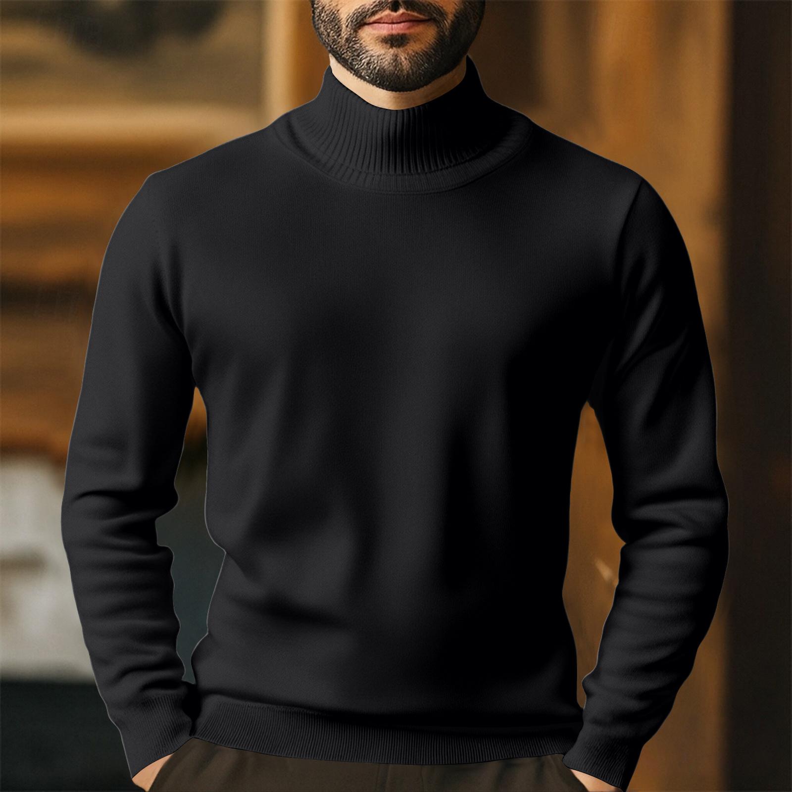 Men s Turtleneck Slim Fit Pullover Plus Velvet Long Sleeve Color Sweater Men s Warm Knitted Sweater L чёрный