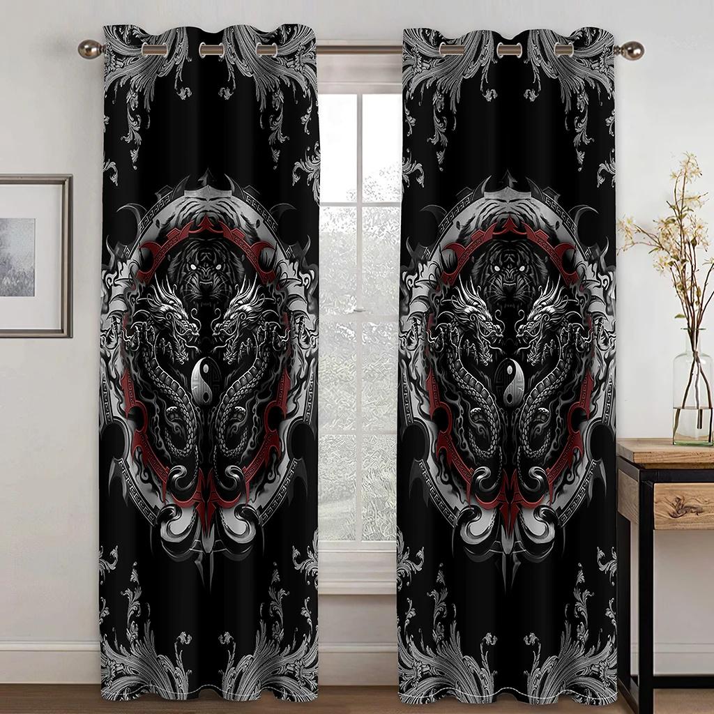Dostosuj czerwony średniowieczny wzór fantasy smoka 2 panele cienkie zasłony okienne do salonu sypialnia draperia dekoracyjna