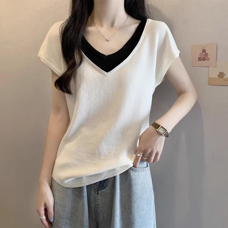 2026 Spring Women's Short-Sleeve Faux Two-Piece Ice Silk Top - Flattering Cover-Up T-Shirt for Summer