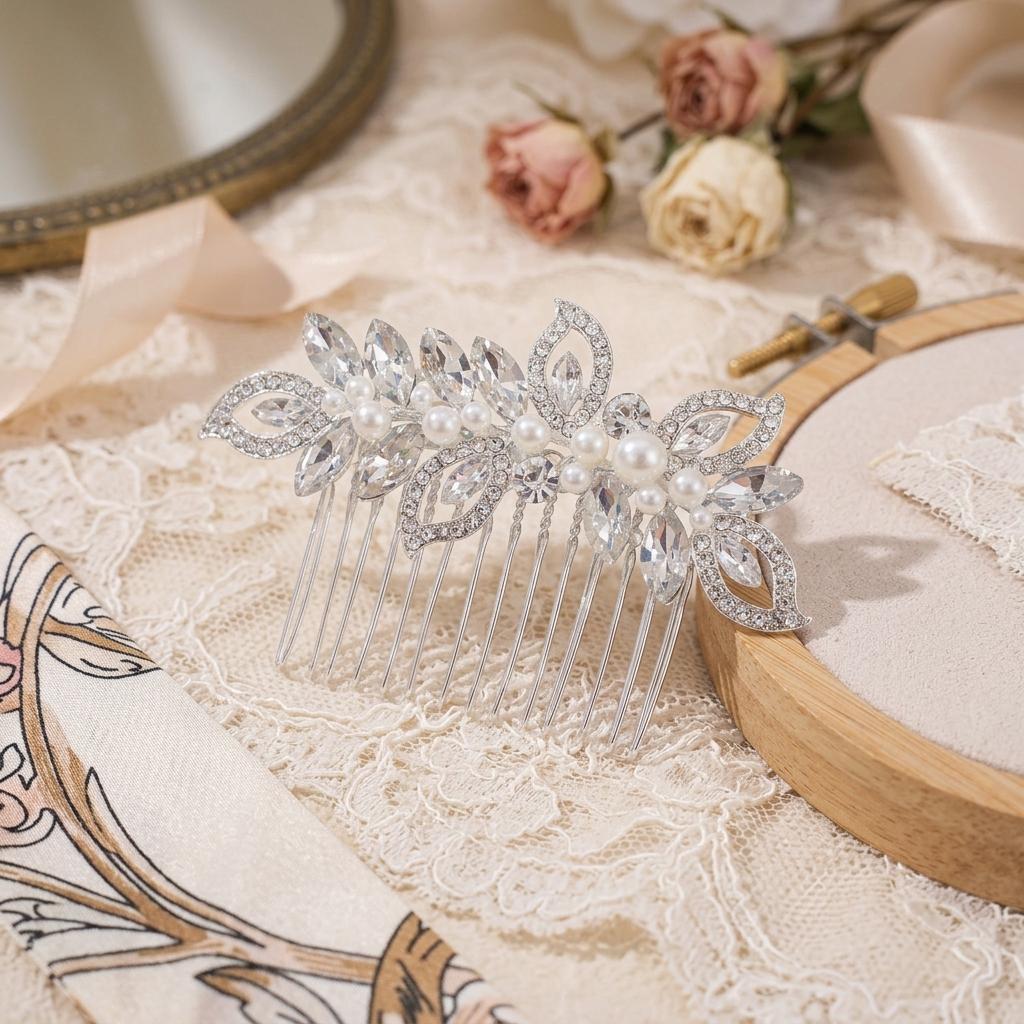 Bridal Rhinestone Pearl Hair Clip Alloy Comb Shaped Accessory With Crystal And Pearl Decoration For Wedding Dress