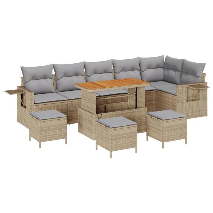 Ensemble de canapé de jardin 10 pièces avec coussins beige poly rotin acacia, Ensemble de salle à manger de jardin 4 pièces 3361772